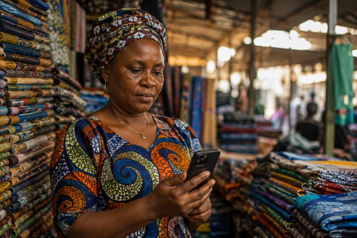 Une commerçante consulte son téléphone dans sa boutique.